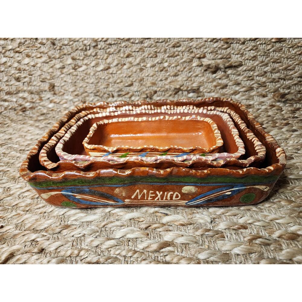 Vintage 4 Piece Handmade Mexican Red Clay Folk Art Casserole Serving Set